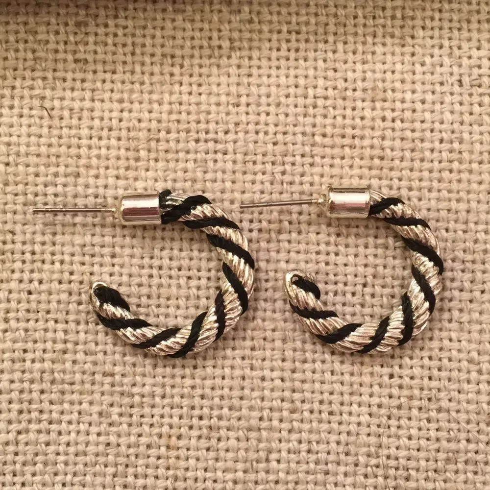 Silvertone Twisted Earrings with Black Cord